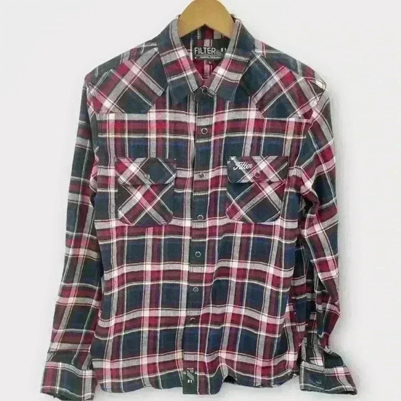 Filter Flannel Shirt Large Blue Red White Plaid 2 Flap Pockets Mens Long Sleeves - Picture 1 of 9